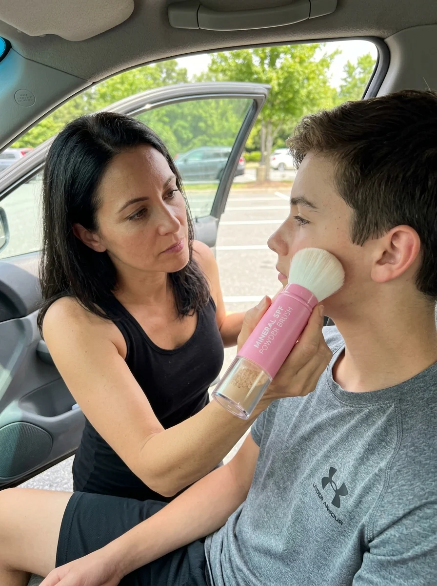Mamá aplicando BrochaSol a su hijo feliz